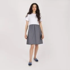 Kontakt - Robe Midi Femme Manches Courtes Bi-matières - Gris - Drest