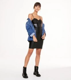 NewLook Femme - Black Leather-Look Bustier Bodycon Dress - Drest
