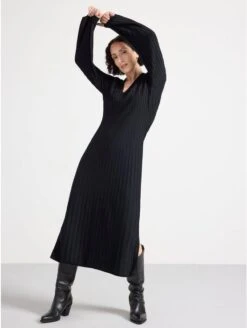 Lindex Femme - Robe Longue Côtelée à Manches Longues - Black - Drest -Pas Cher Mode Séduisante Magasin black maxi dress ribbed with long sleeves 2