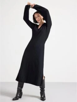 Lindex Femme - Robe Longue Côtelée à Manches Longues - Black - Drest -Pas Cher Mode Séduisante Magasin black maxi dress ribbed with long sleeves 4