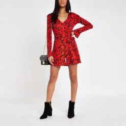RIVER ISLAND -Red Animal Print Long Sleeve Playsuit - Drest -Pas Cher Mode Séduisante Magasin black skinny mid rise molly jeggings 729636 back Product Page Zoom