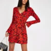 RIVER ISLAND -Red Animal Print Long Sleeve Playsuit - Drest