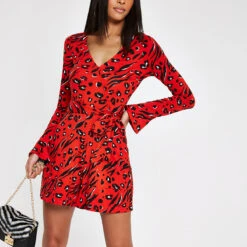 RIVER ISLAND -Red Animal Print Long Sleeve Playsuit - Drest