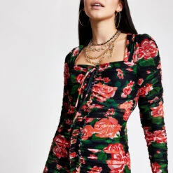 RIVER ISLAND -RED - PRINT LS RAVIOLI PRINT MESH DRESS - Drest