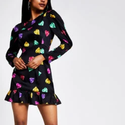 RIVER ISLAND -BLACK LS FRILL HEM STAR PRINT DRESS - Drest