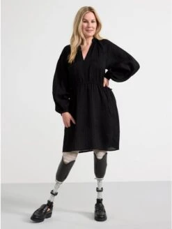 Lindex Femme - Robe Texturée à Manches Bouffantes - Black - Drest