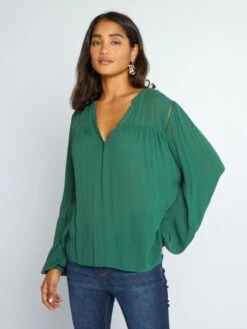 Kiabi Femme - Blouse En Maille Crêpe Avec Liserés Ajourés - VERT HUNTE - Drest