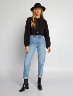 Kiabi Femme - Chemisier En Gaze De Coton Col Montant - Noir - Drest