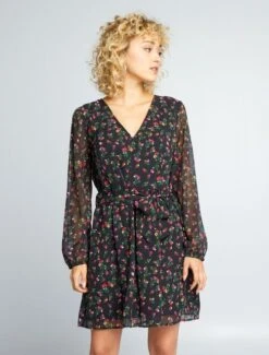 Kiabi Femme - Robe à Motif Avec Ceinture à Nouer - Noir Fleuri - Drest