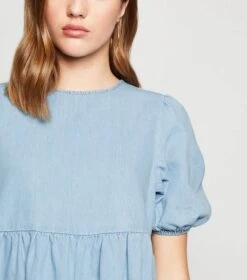 New Look Robe Blouse En Jean Bleu à Manches Bouffantes - Drest -Pas Cher Mode Séduisante Magasin robe blouse en jean bleu a manches bouffantes 3