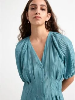 Lindex Femme - Robe Longue Textuxred à Manches Bouffantes - Bluebird - Drest -Pas Cher Mode Séduisante Magasin turquoise textuxred puff sleeve maxi dress 2