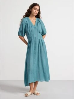Lindex Femme - Robe Longue Textuxred à Manches Bouffantes - Bluebird - Drest